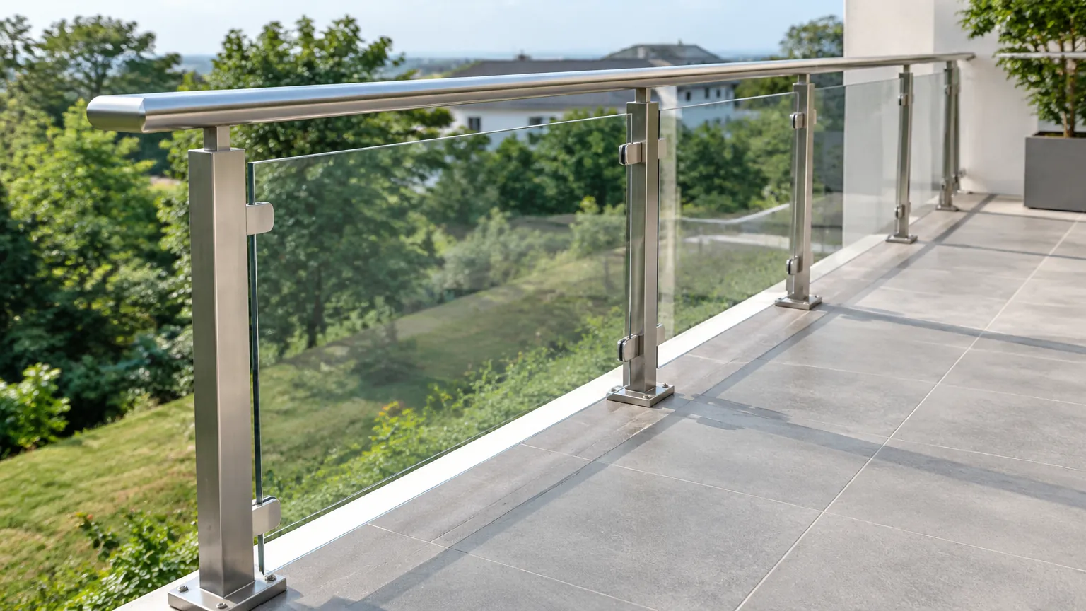 Railing kaca terpasang di tepi balkon rumah