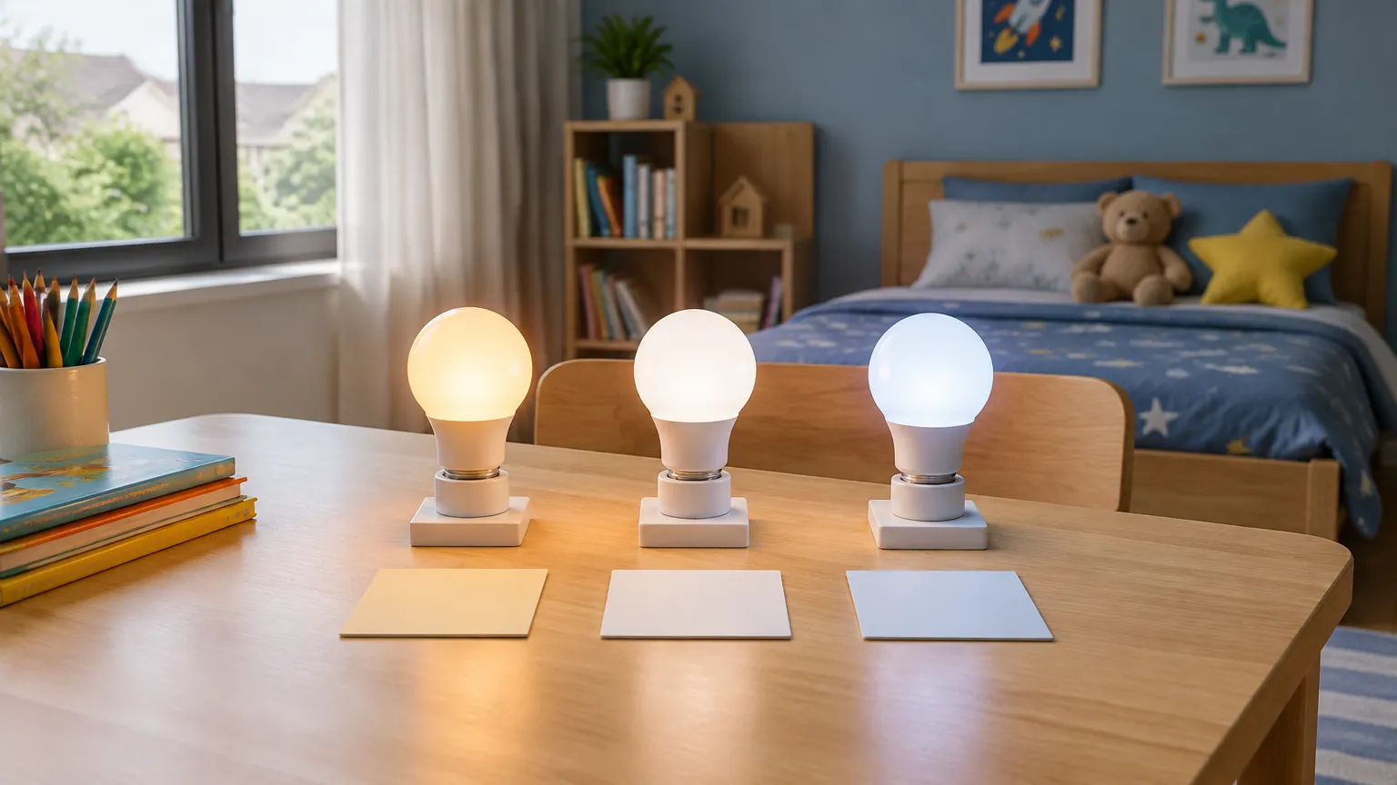 Tiga lampu dengan warna cahaya berbeda di kamar anak