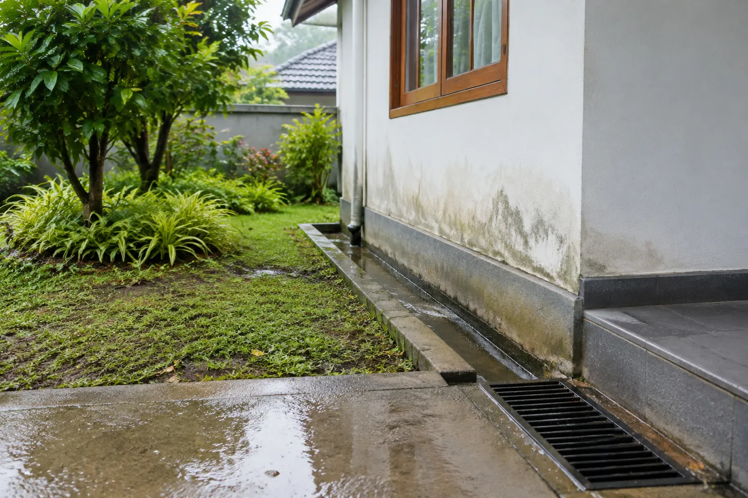 Air menggenang dekat saluran dan dasar dinding luar rumah