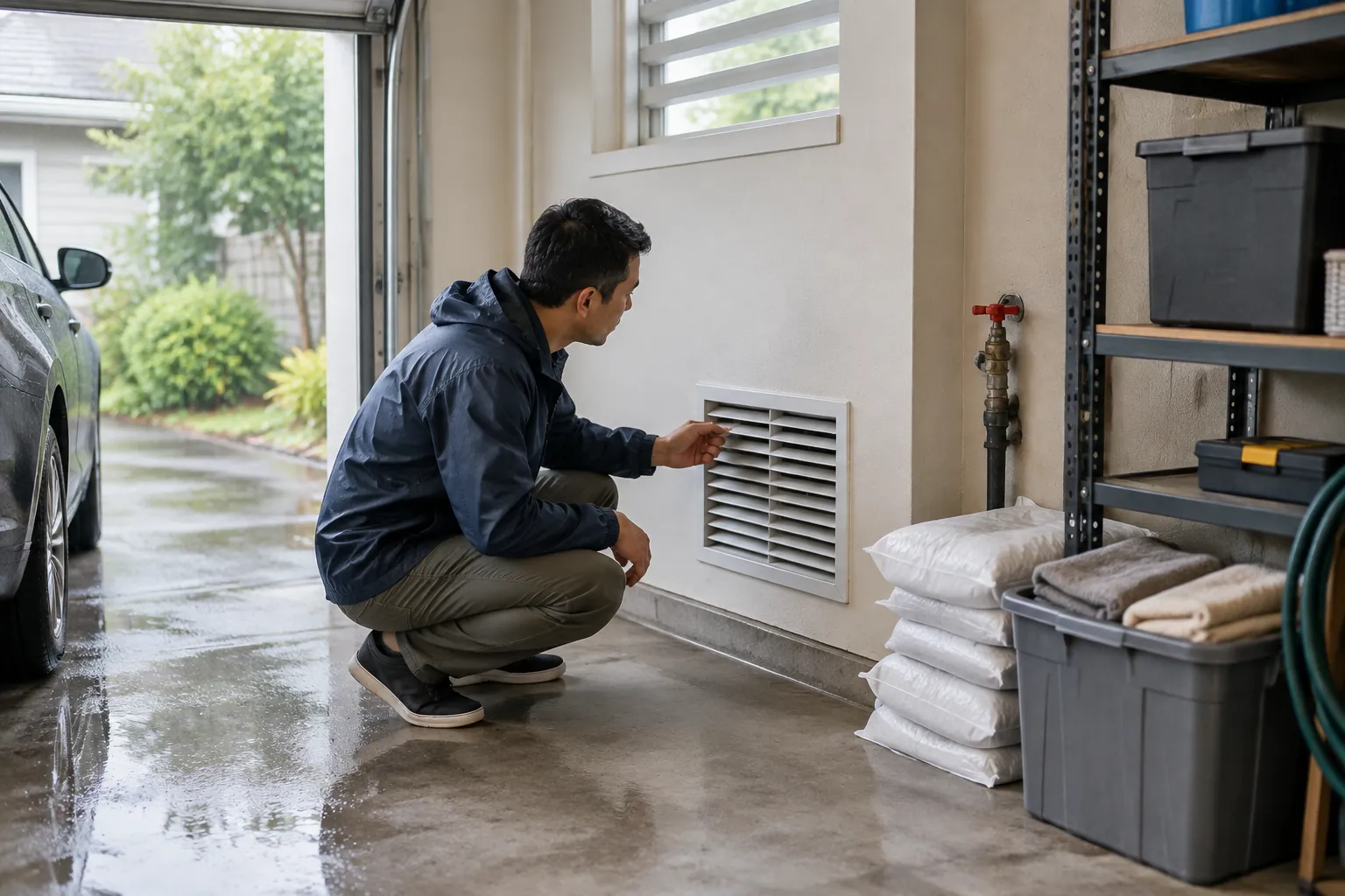 Pemeriksaan kisi ventilasi garasi setelah hujan