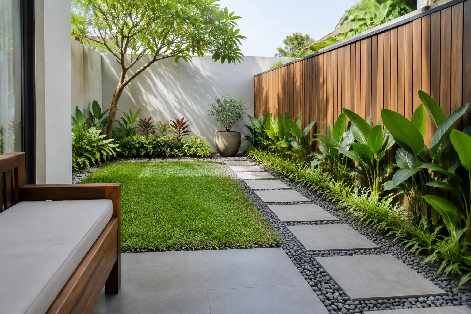Taman samping rumah dengan rumput dan jalur batu