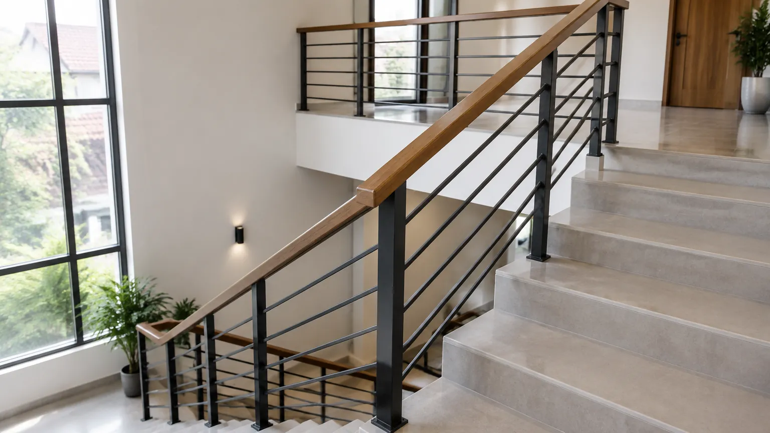 Tangga rumah dengan railing logam dan pegangan kayu