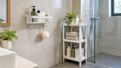 Rak berdiri di samping pancuran kamar mandi