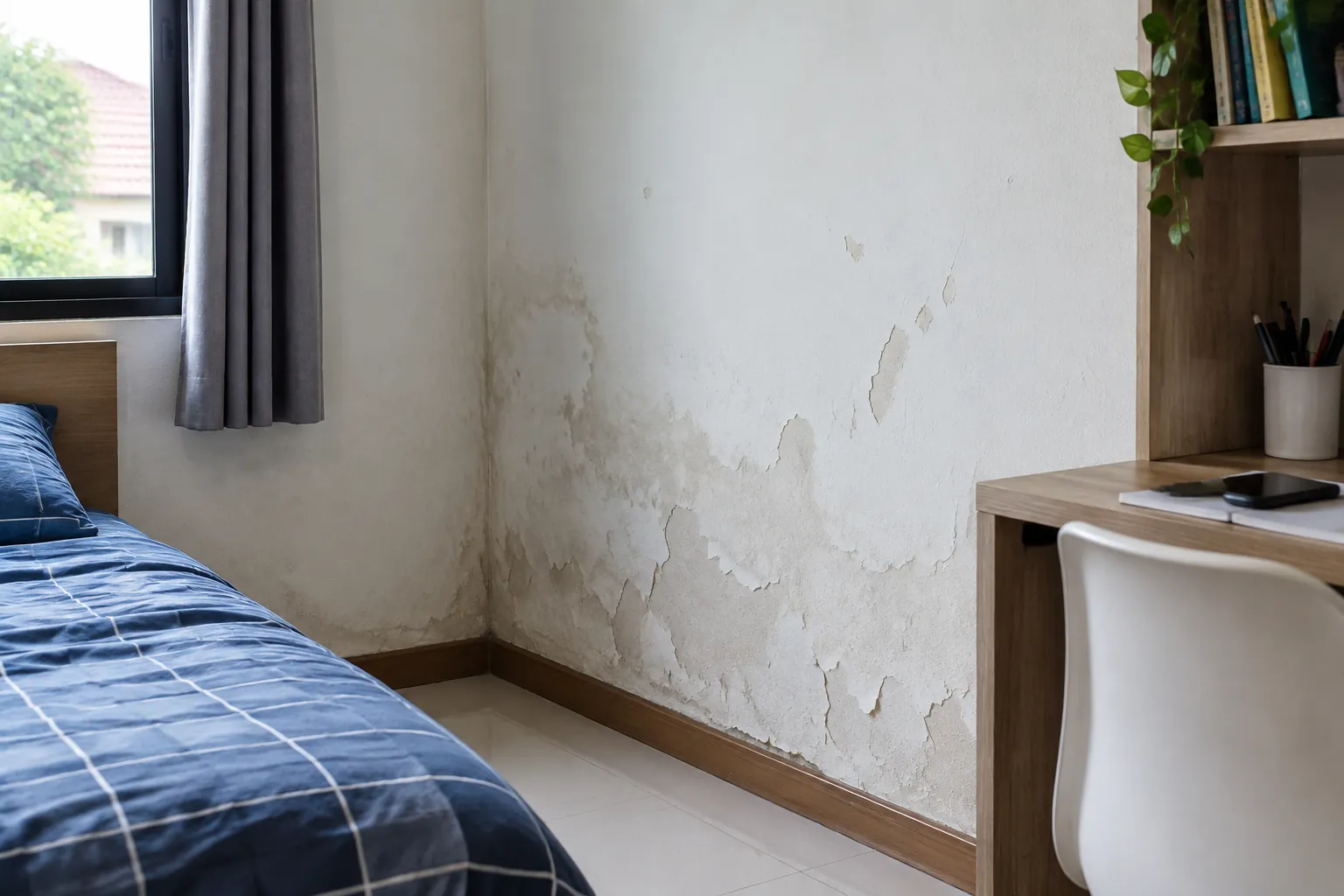 Dinding kamar remaja dengan noda dan lapisan yang rusak