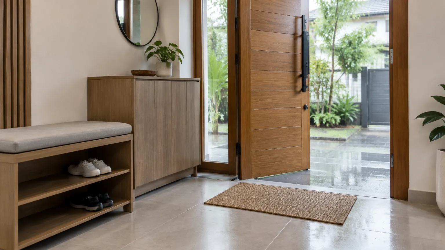 Foyer dengan pintu kayu terbuka dan rak sepatu