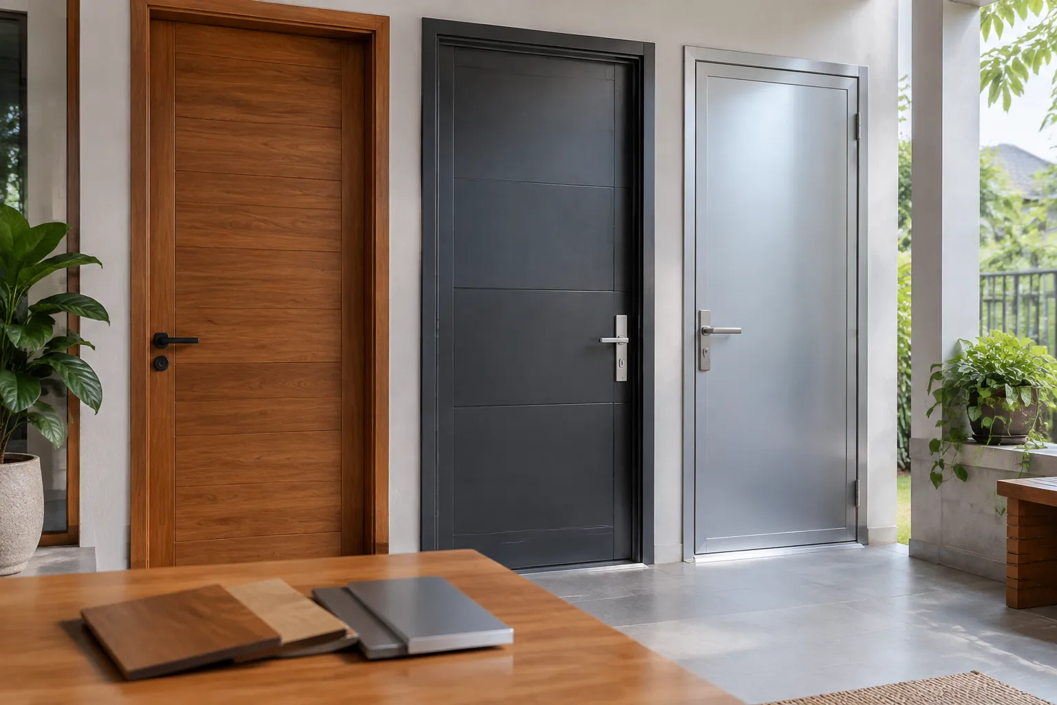 Tiga contoh jenis pintu dengan bahan kayu, logam gelap, dan panel terang