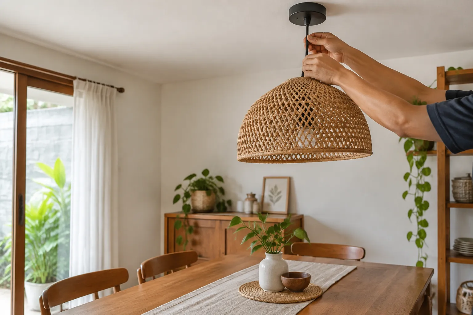 Seseorang memegang kap lampu anyaman di atas meja makan