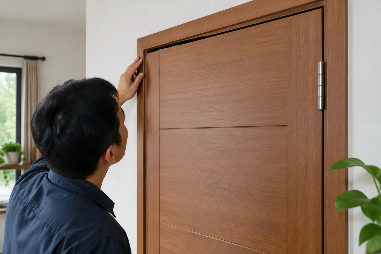 Seseorang memeriksa sisi atas pintu kayu
