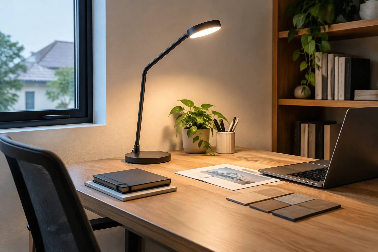 Contoh warna dan bahan diperiksa di bawah lampu meja dekat jendela