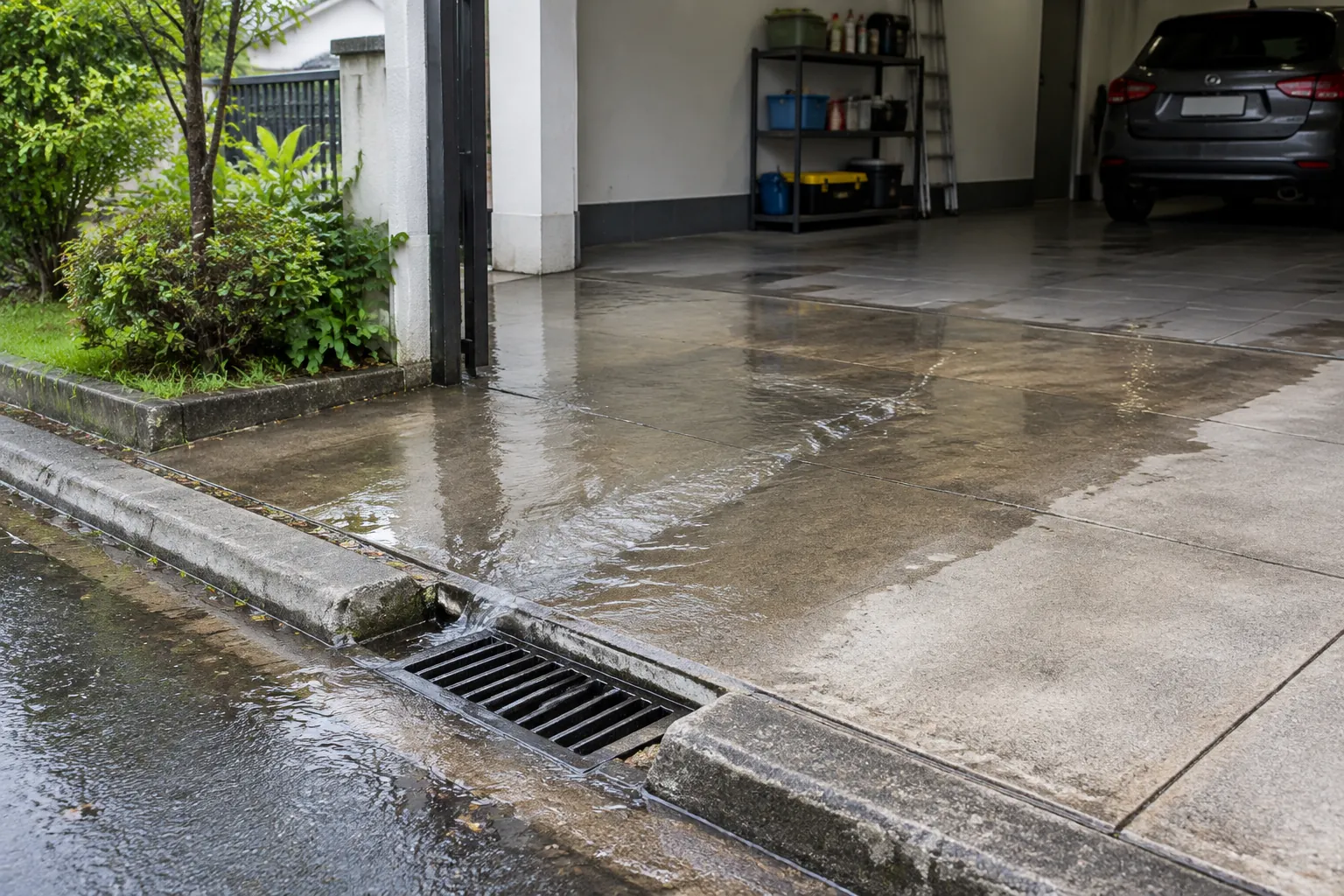 Air di depan garasi mengalir menuju kisi drainase