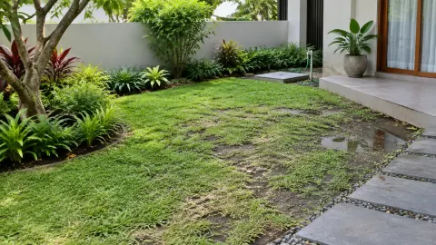 Rumput taman menipis dan air menggenang di dekat jalan setapak