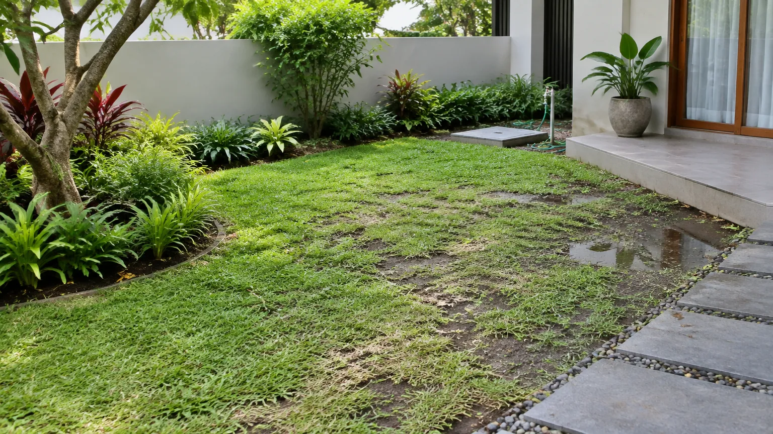 Rumput taman menipis dan air menggenang di dekat jalan setapak