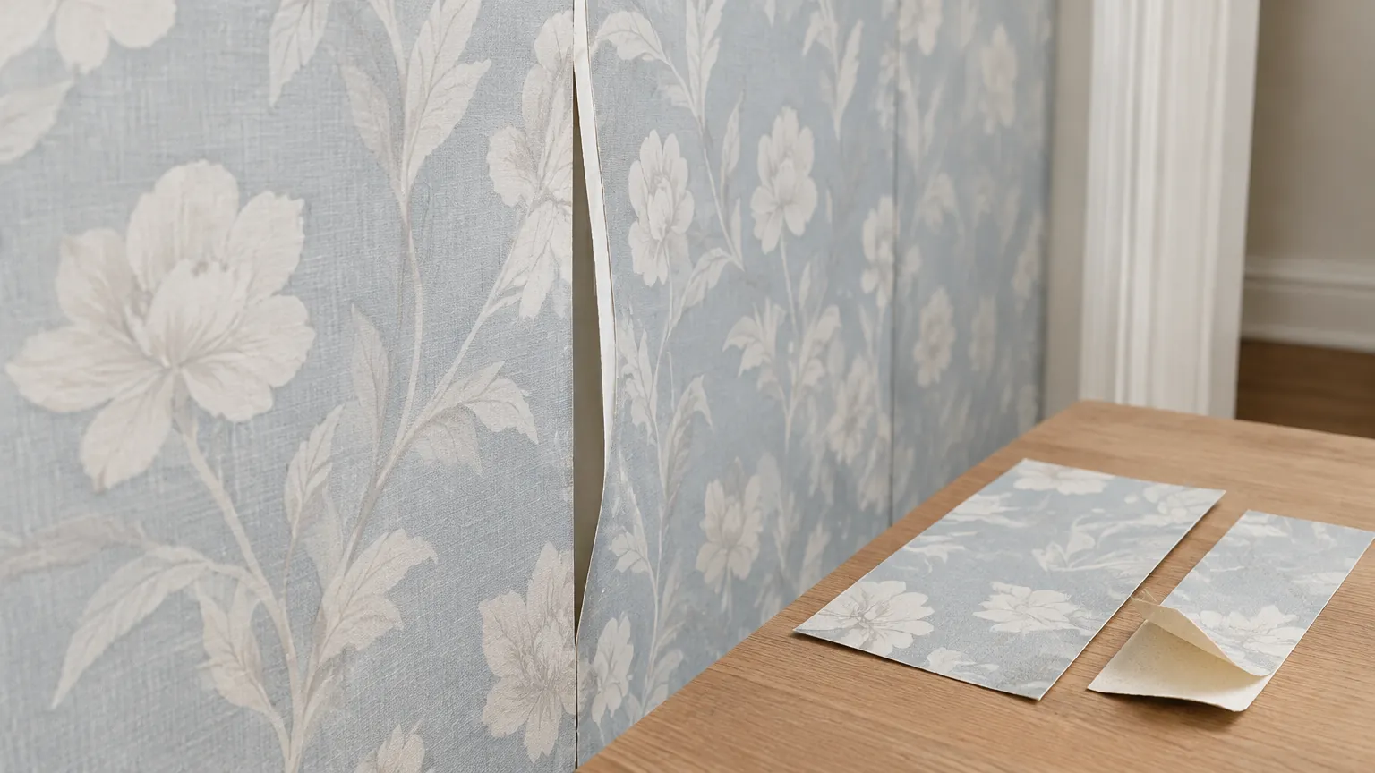 Wallpaper bermotif bunga mengelupas pada sambungan dinding