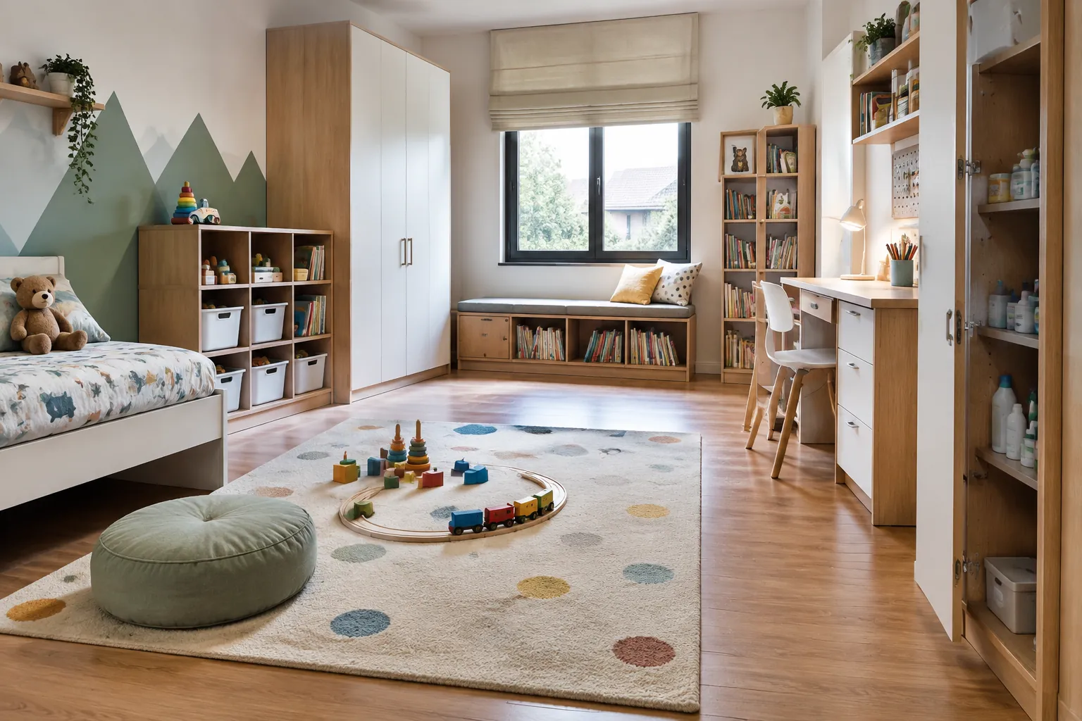 Kamar anak dengan rak mainan, lemari, dan tempat tidur pada zona berbeda