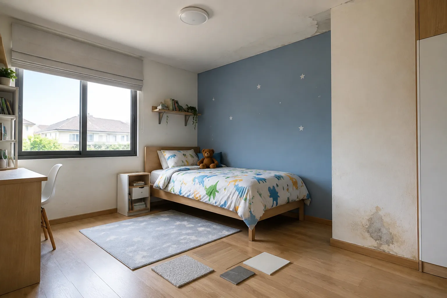 Dinding kamar anak yang rusak diperiksa bersama contoh bahan pengganti