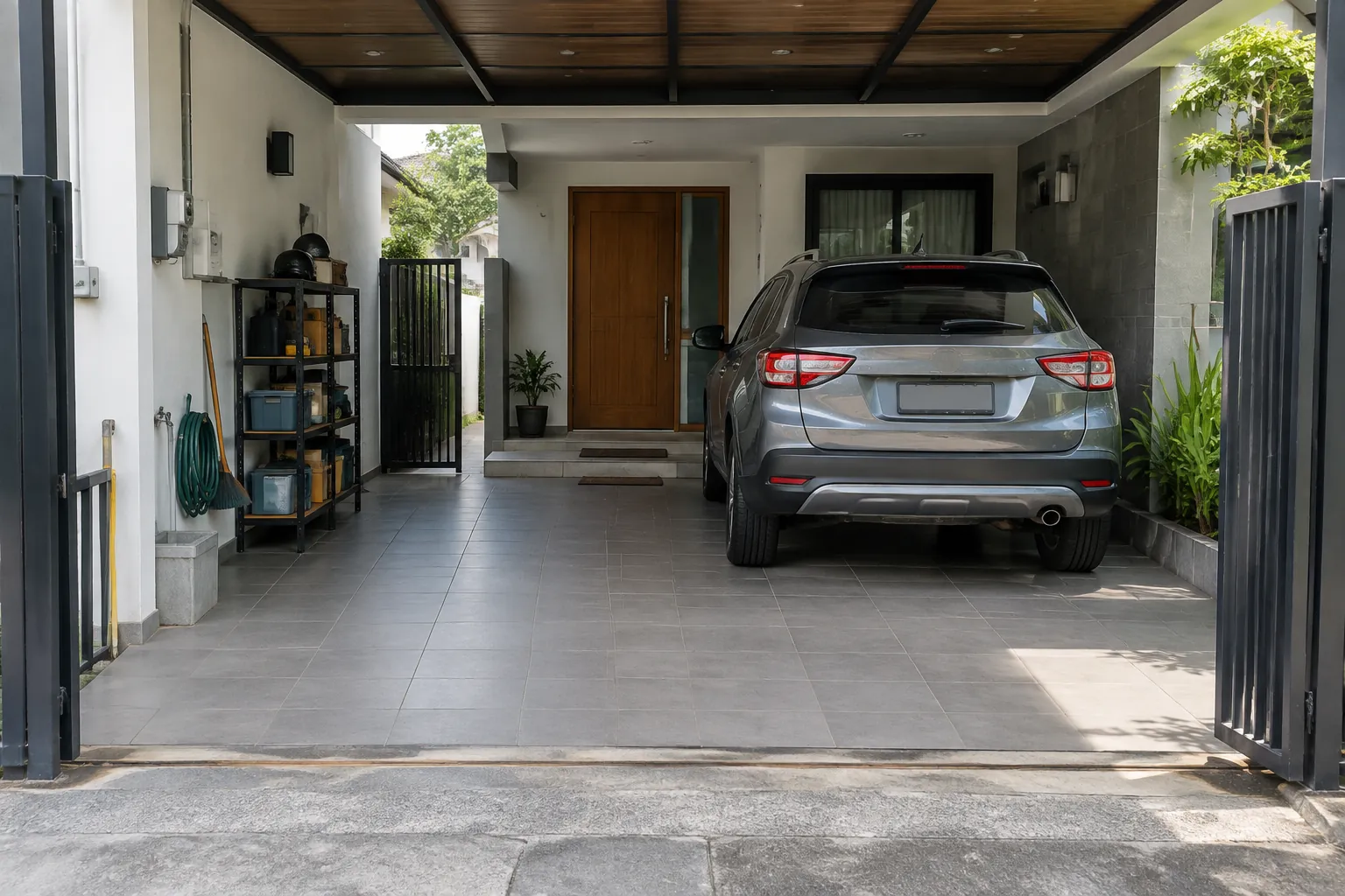 Jalur dari gerbang melewati mobil menuju pintu rumah tampak pada carport
