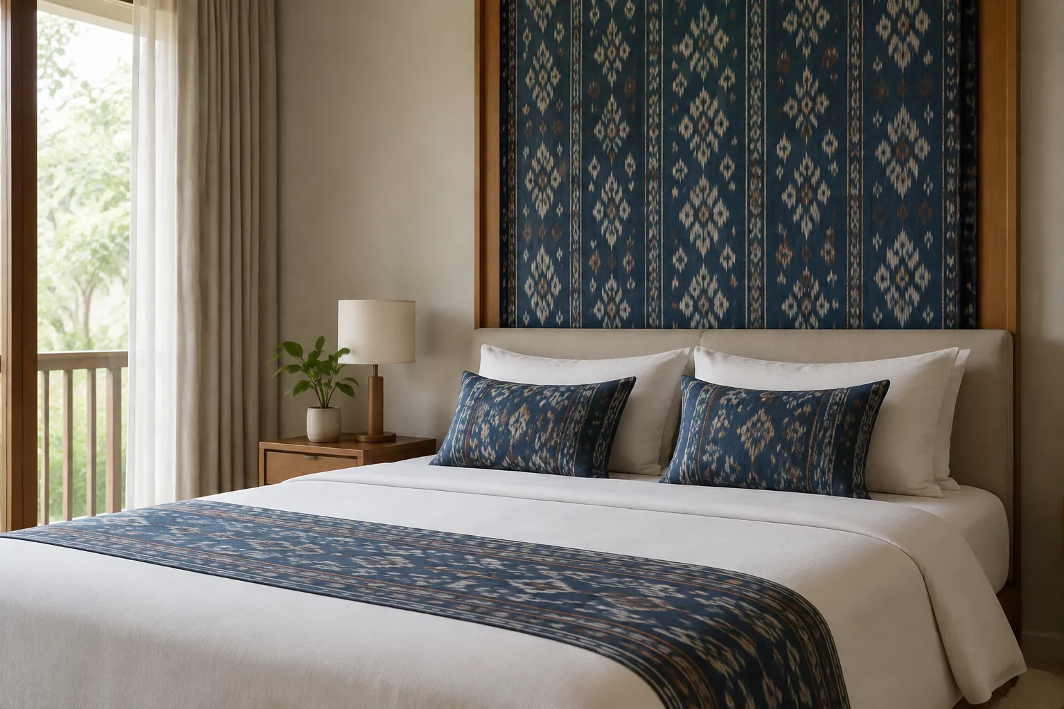 Kamar tidur dengan panel dan bantal bermotif geometris biru