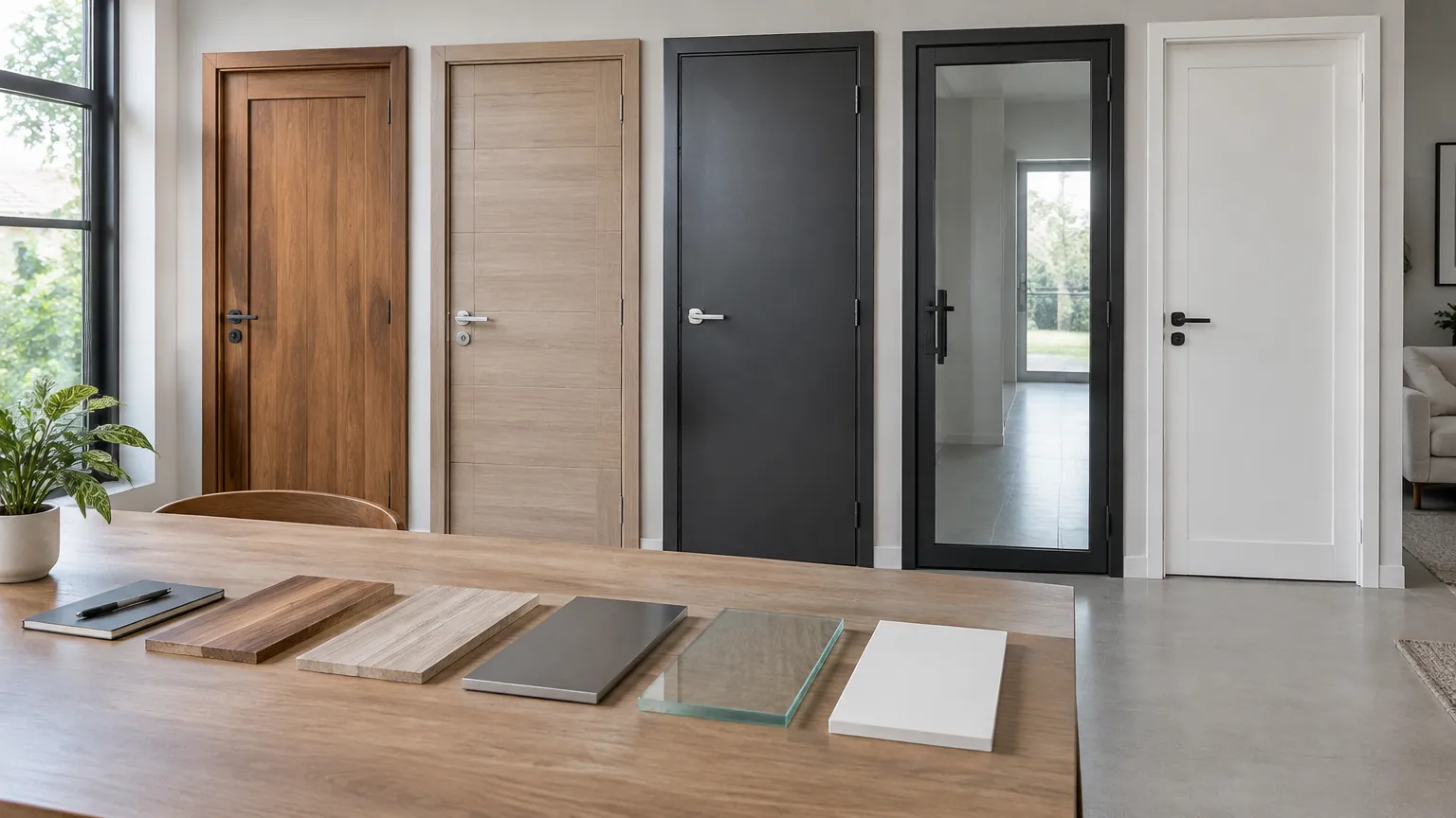 Beberapa pintu dengan bahan dan warna berbeda serta contoh di meja