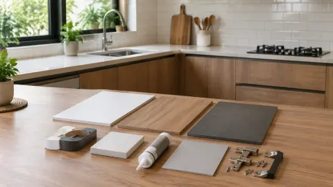 Contoh bahan permukaan dapur disusun di meja tengah