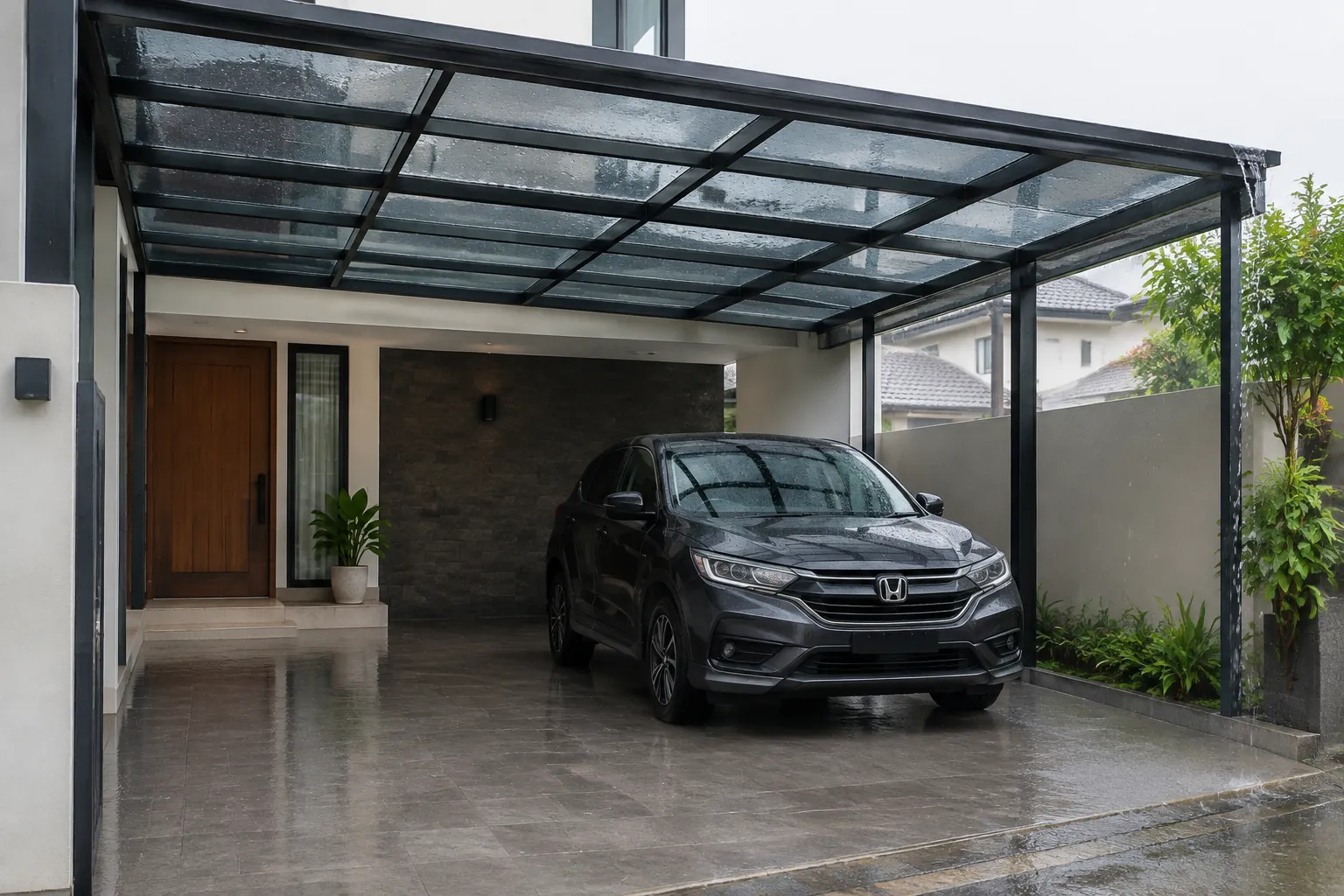 Lantai carport basah dengan aliran air menuju tepi depan