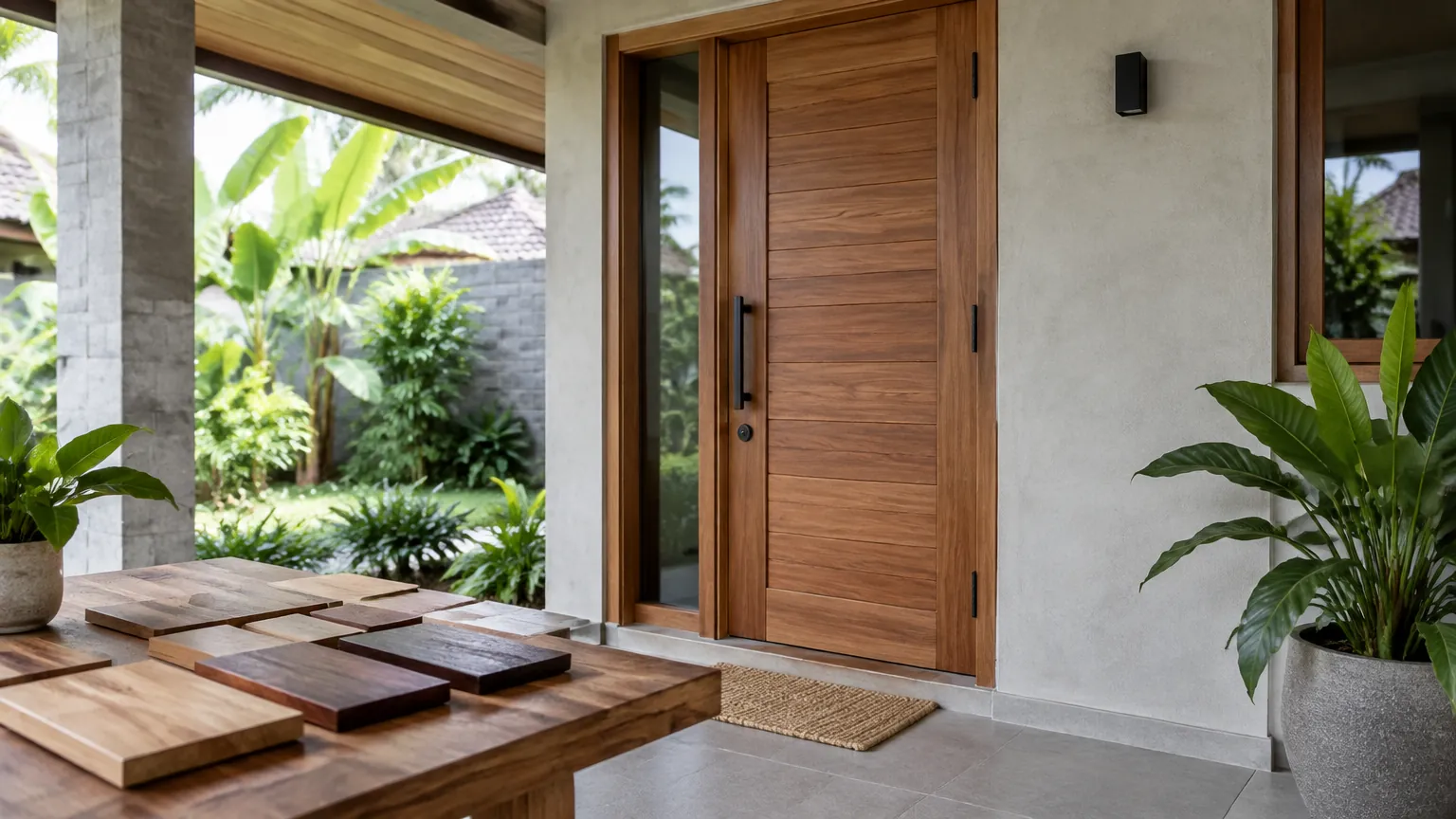 Pintu kayu di dekat meja berisi contoh bahan pintu