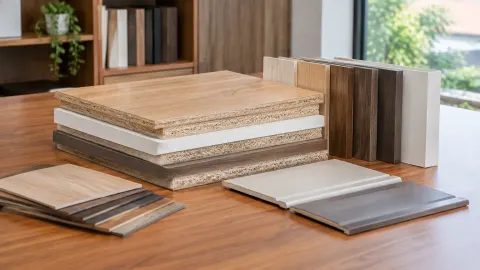 Sampel beberapa jenis papan furnitur di atas meja