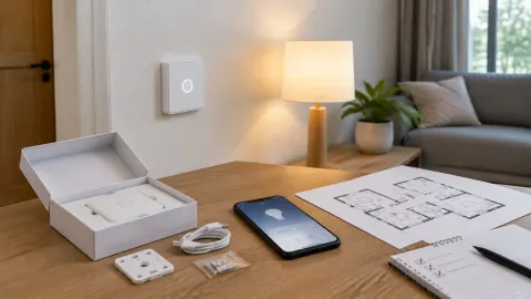 Perangkat kendali dan sensor rumah pintar disiapkan di meja