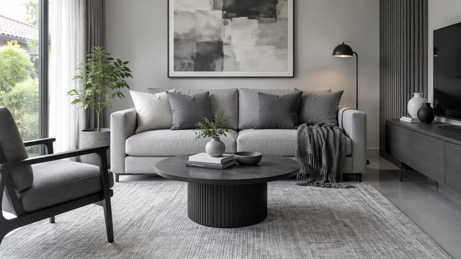 Ruang keluarga dengan sofa dan pilihan warna abu-abu