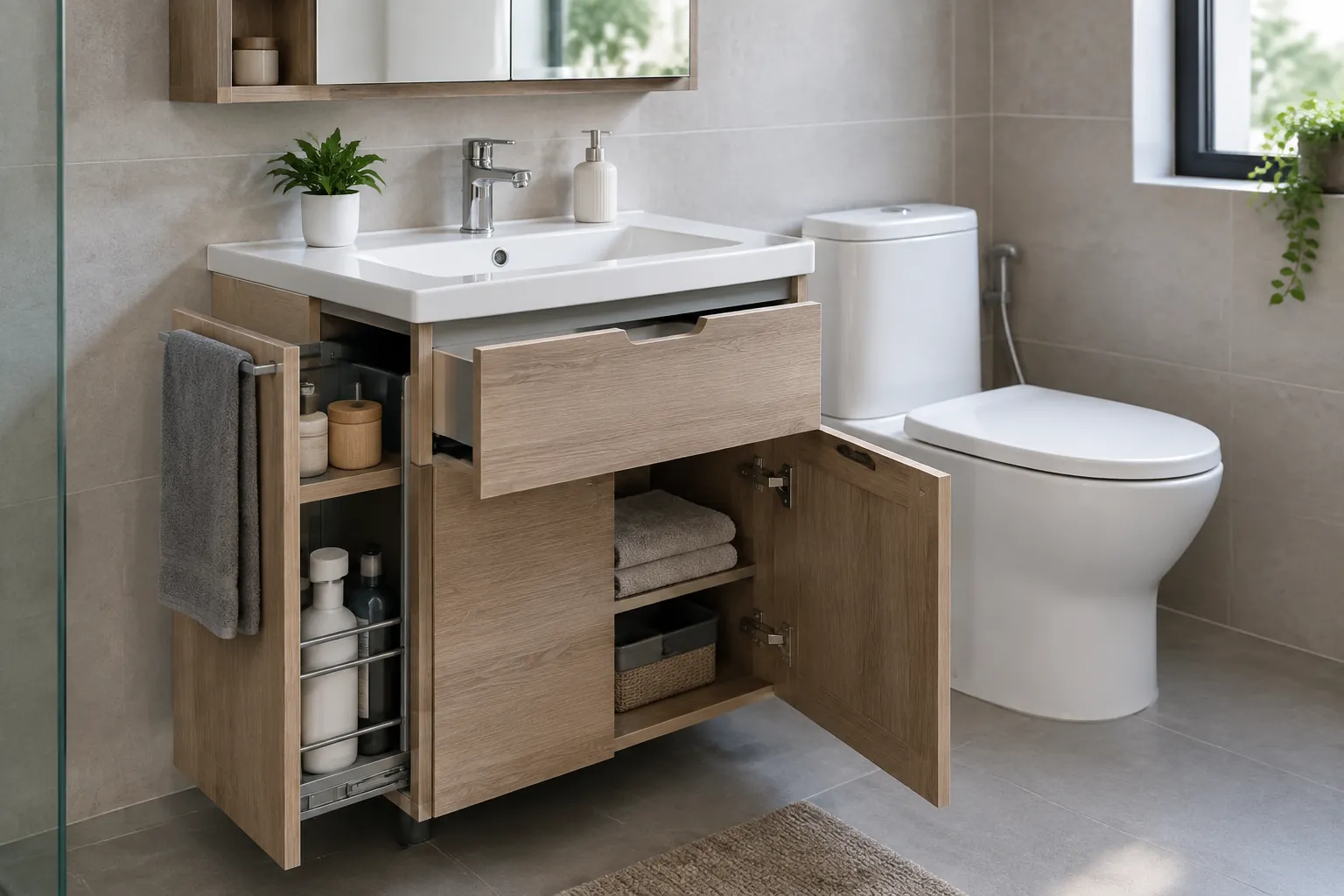 Laci dan pintu lemari wastafel terbuka di kamar mandi