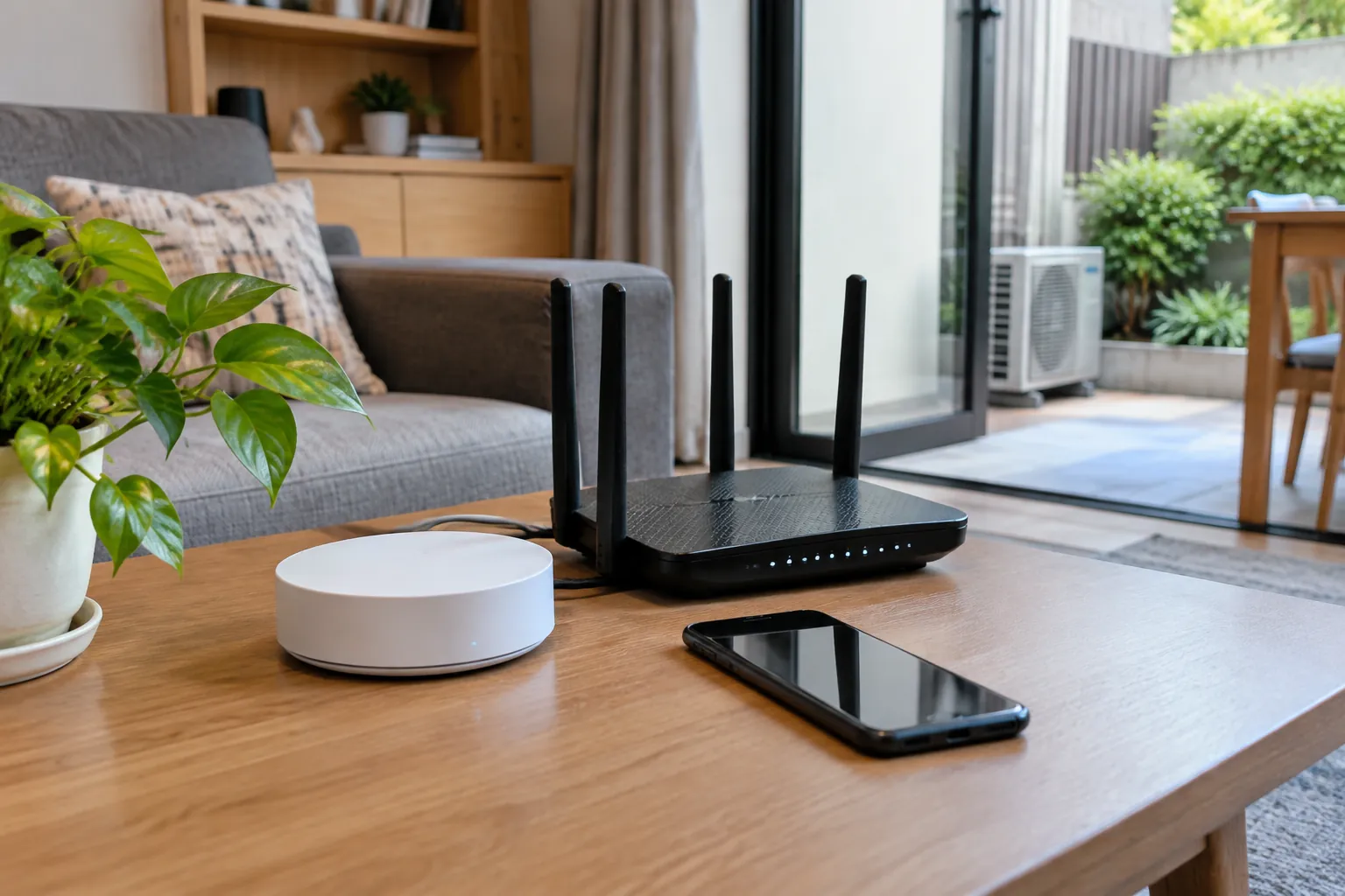 Router dan hub ditempatkan dekat jendela ruang keluarga