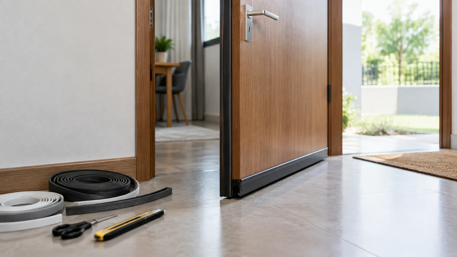 Pintu kayu dengan bahan penyekat di dekat ambang