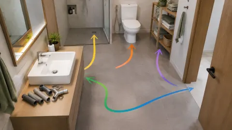 Kamar mandi dengan wastafel dan jalur bergerak