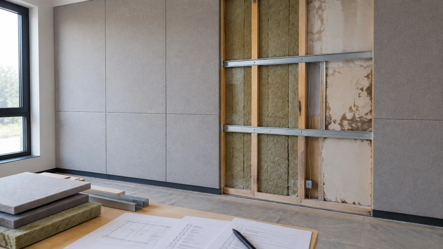 Rangka dan panel akustik saat renovasi ruangan