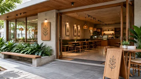 Fasad kafe dengan bukaan kaca dan area duduk terlihat dari luar