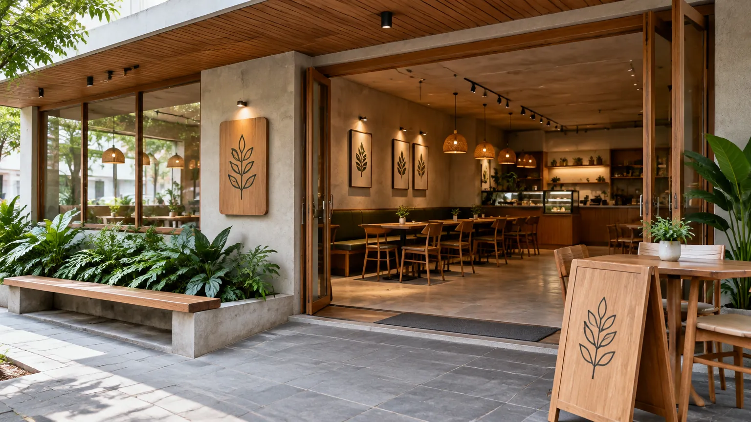 Fasad kafe dengan bukaan kaca dan area duduk terlihat dari luar