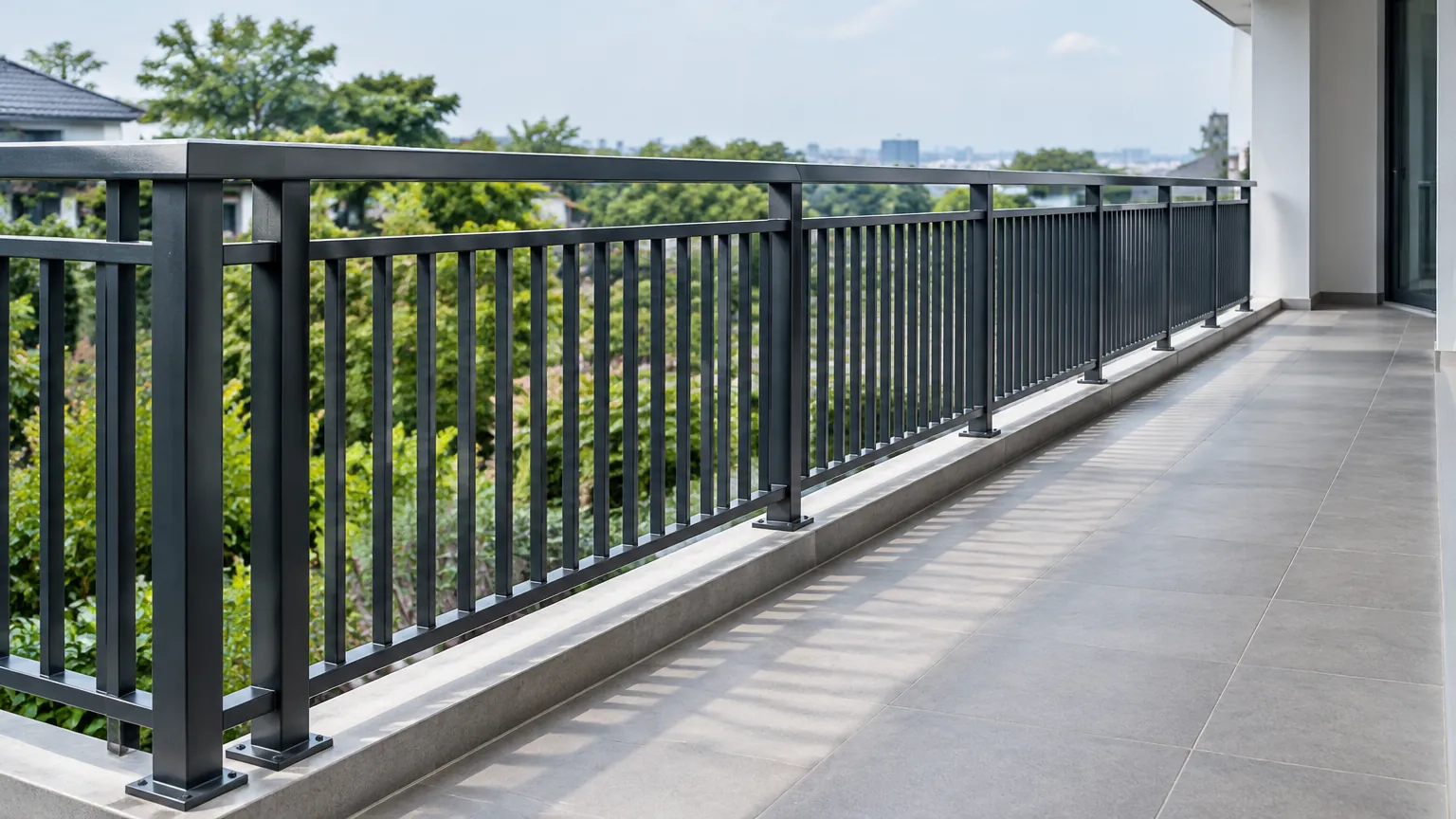Railing logam terpasang pada tepi teras