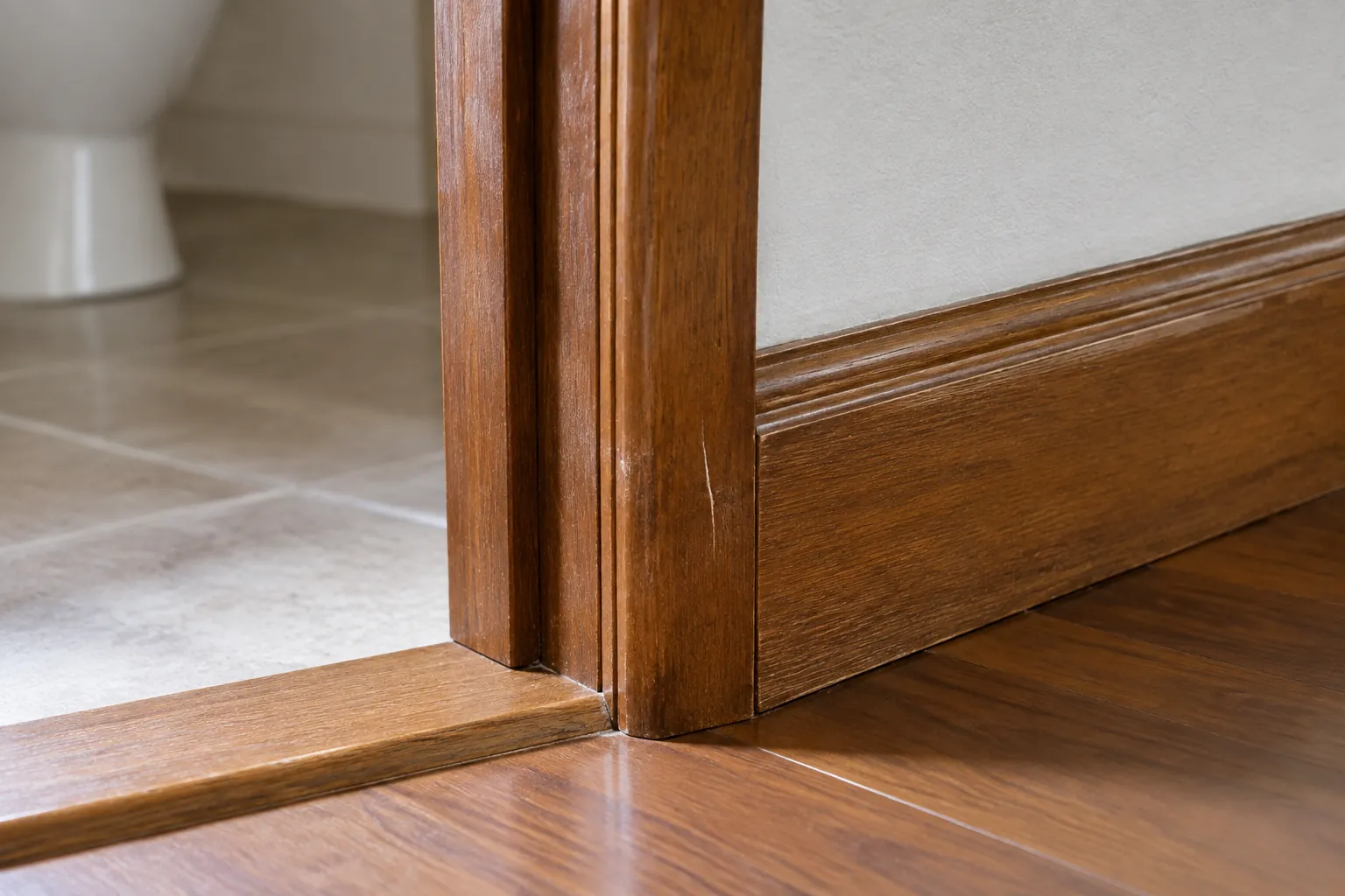 Trim kayu di sekitar pintu dan lantai rumah