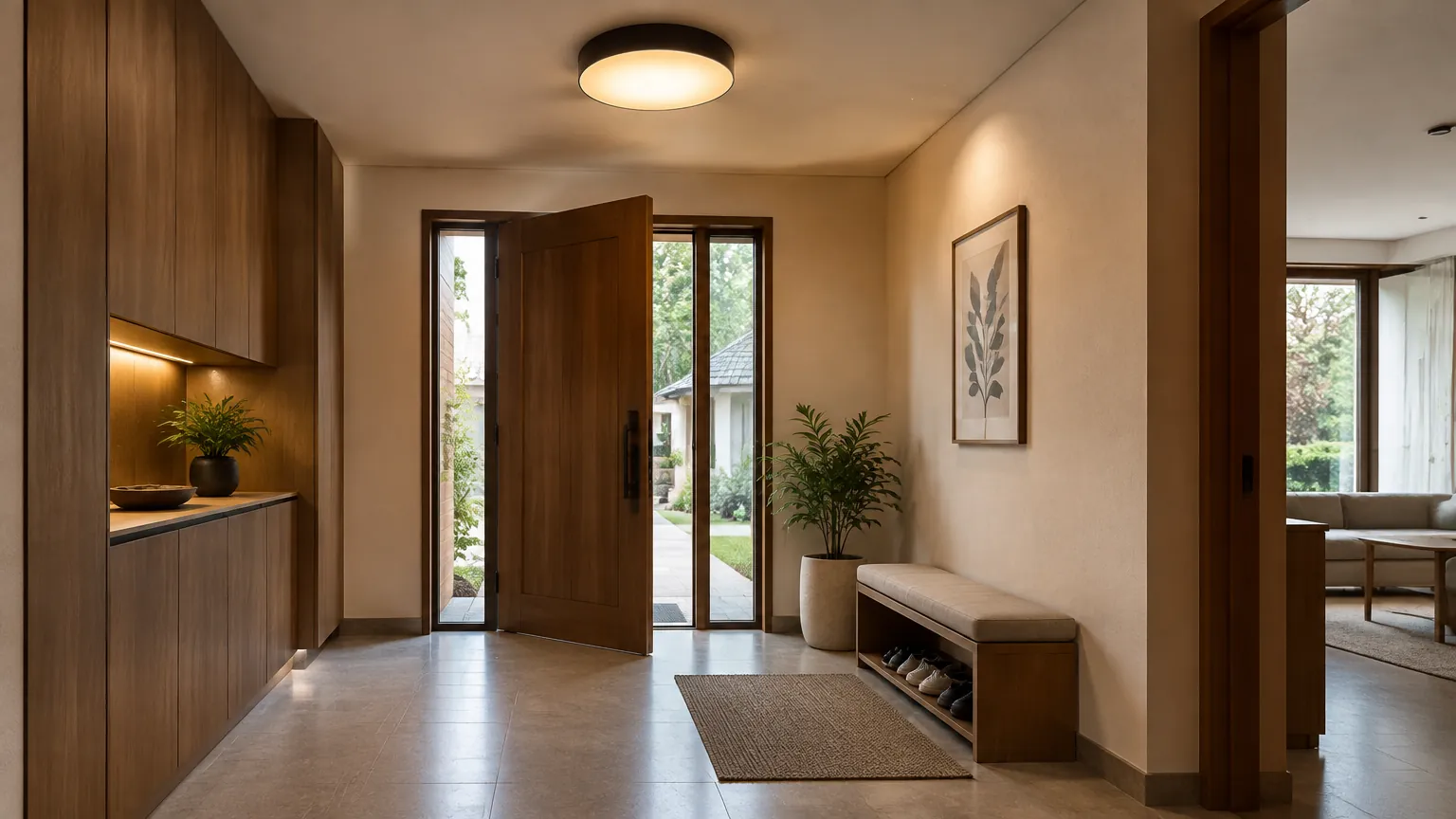 Foyer dengan lampu plafon, pintu masuk, dan bangku