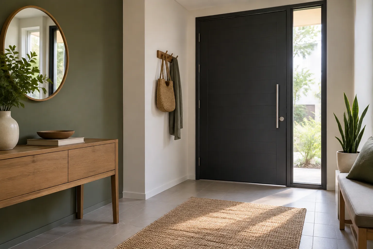 Foyer dengan pintu gelap, cermin, dan gantungan tas