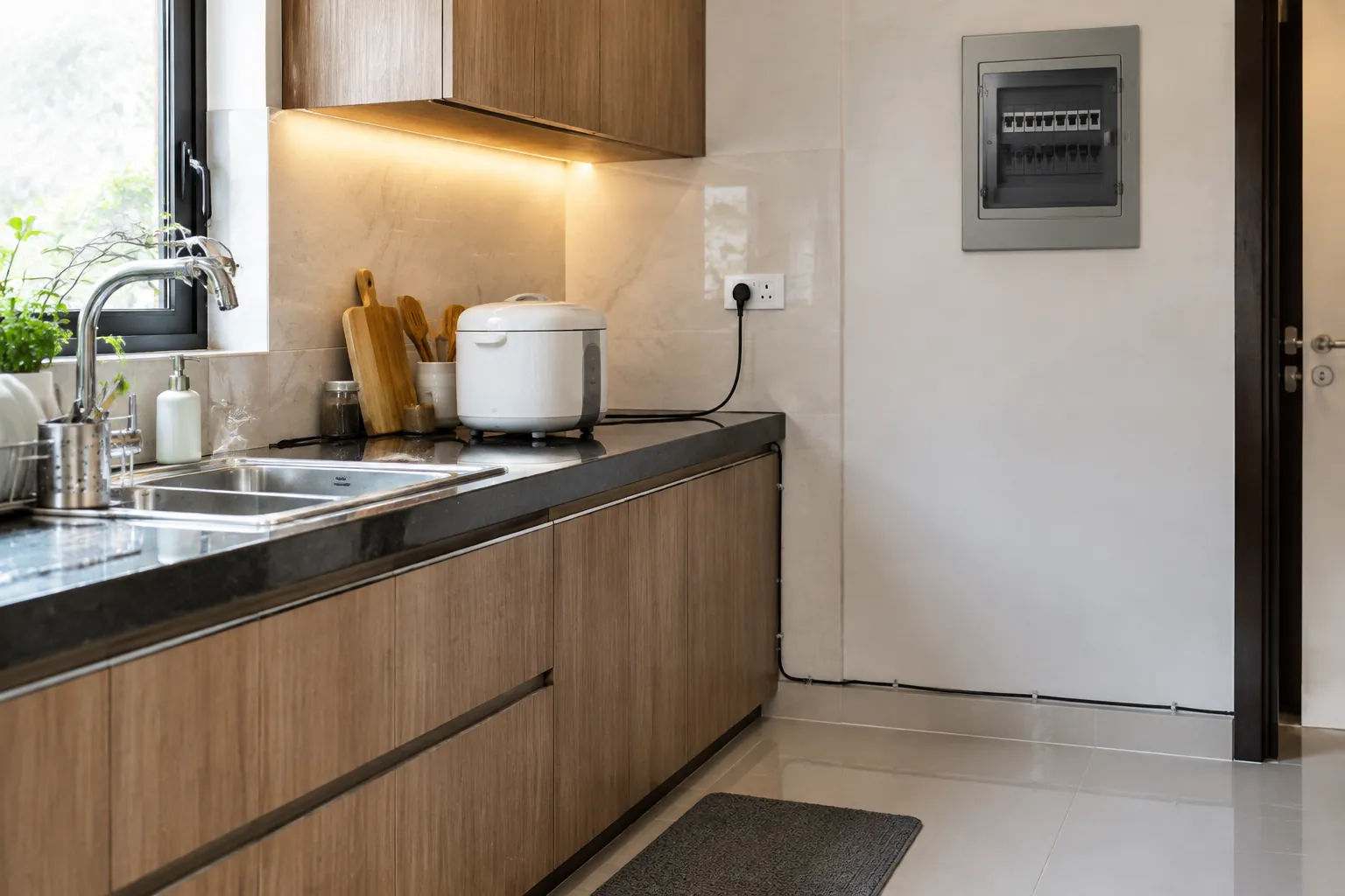 Panel listrik berada dekat meja cuci pada dapur