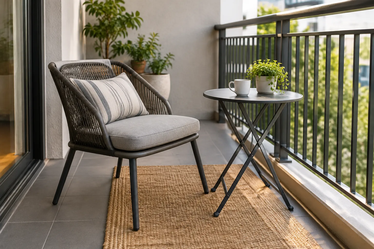 Kursi santai dan meja kecil di balkon berlantai kayu