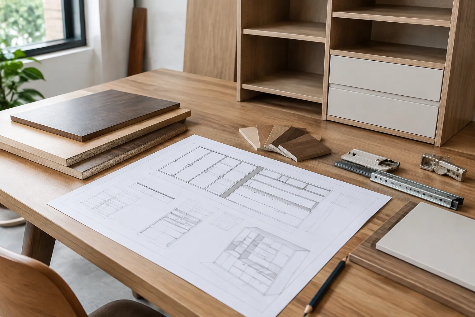 Gambar rencana furnitur dan papan kayu di meja kerja