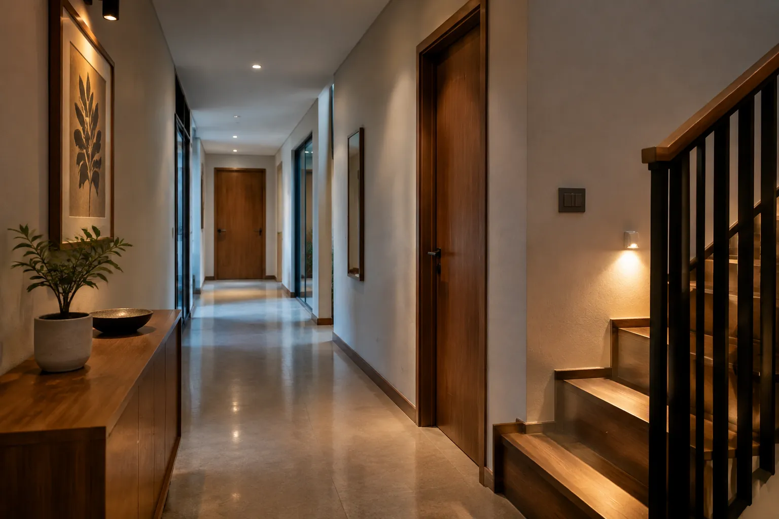 Lorong rumah dengan tangga di sisi kanan