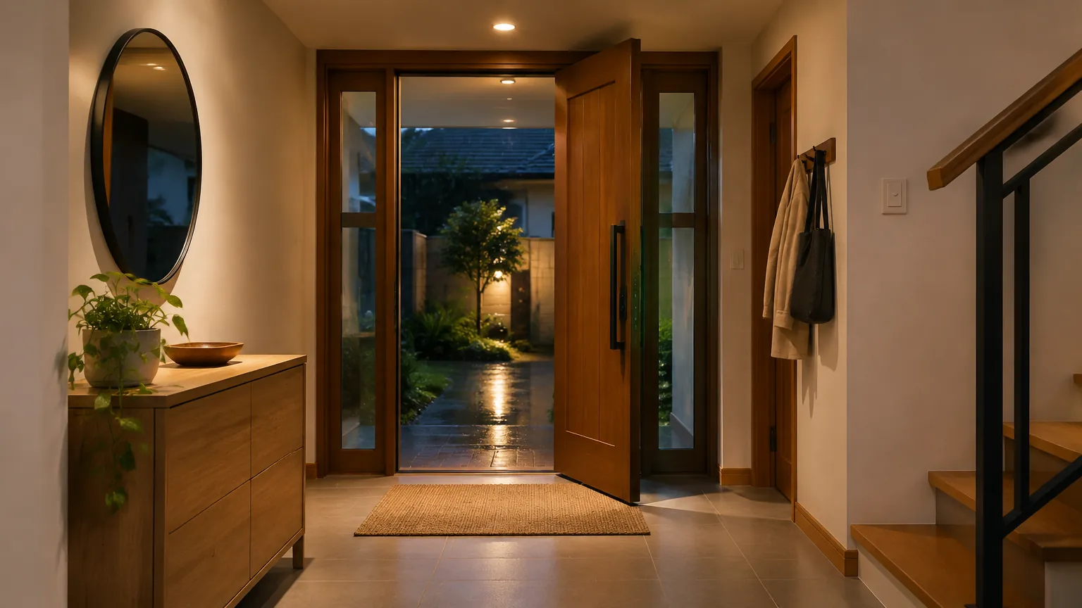 Foyer rumah dengan konsol, cermin, dan pintu masuk