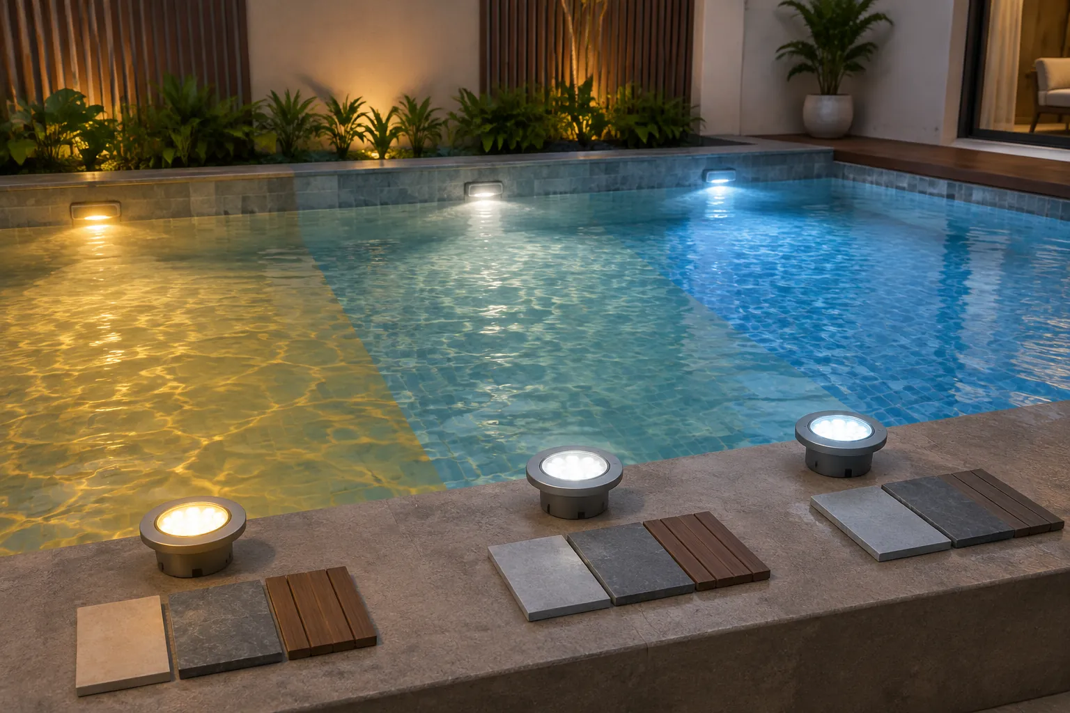 Lampu kolam dengan cahaya hangat dan biru