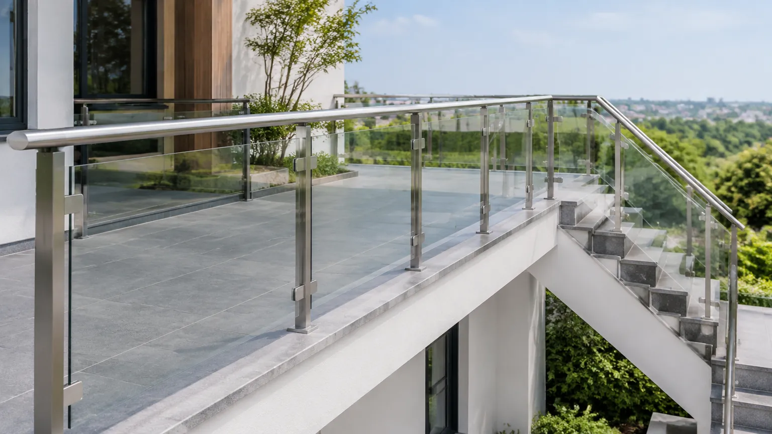 Railing kaca mengelilingi teras tinggi dan tangga luar