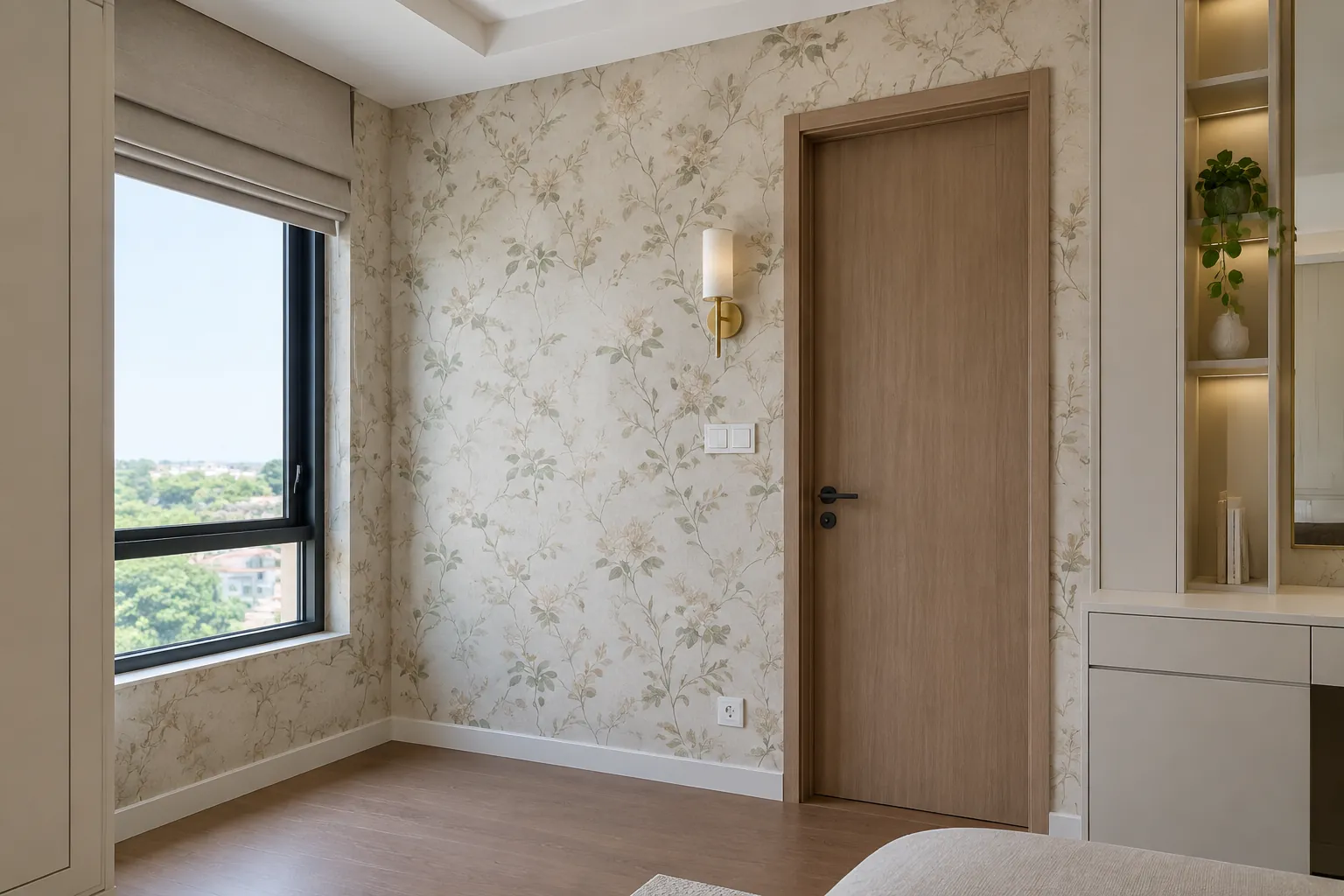 Dinding berlapis wallpaper di samping pintu dan jendela