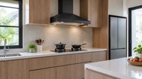 Kompor dan pengisap asap terpasang pada dinding dapur