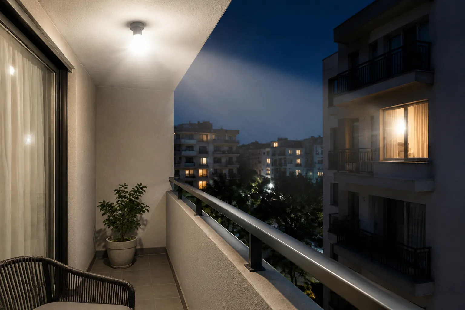 Lampu balkon menyinari dinding dan area luar
