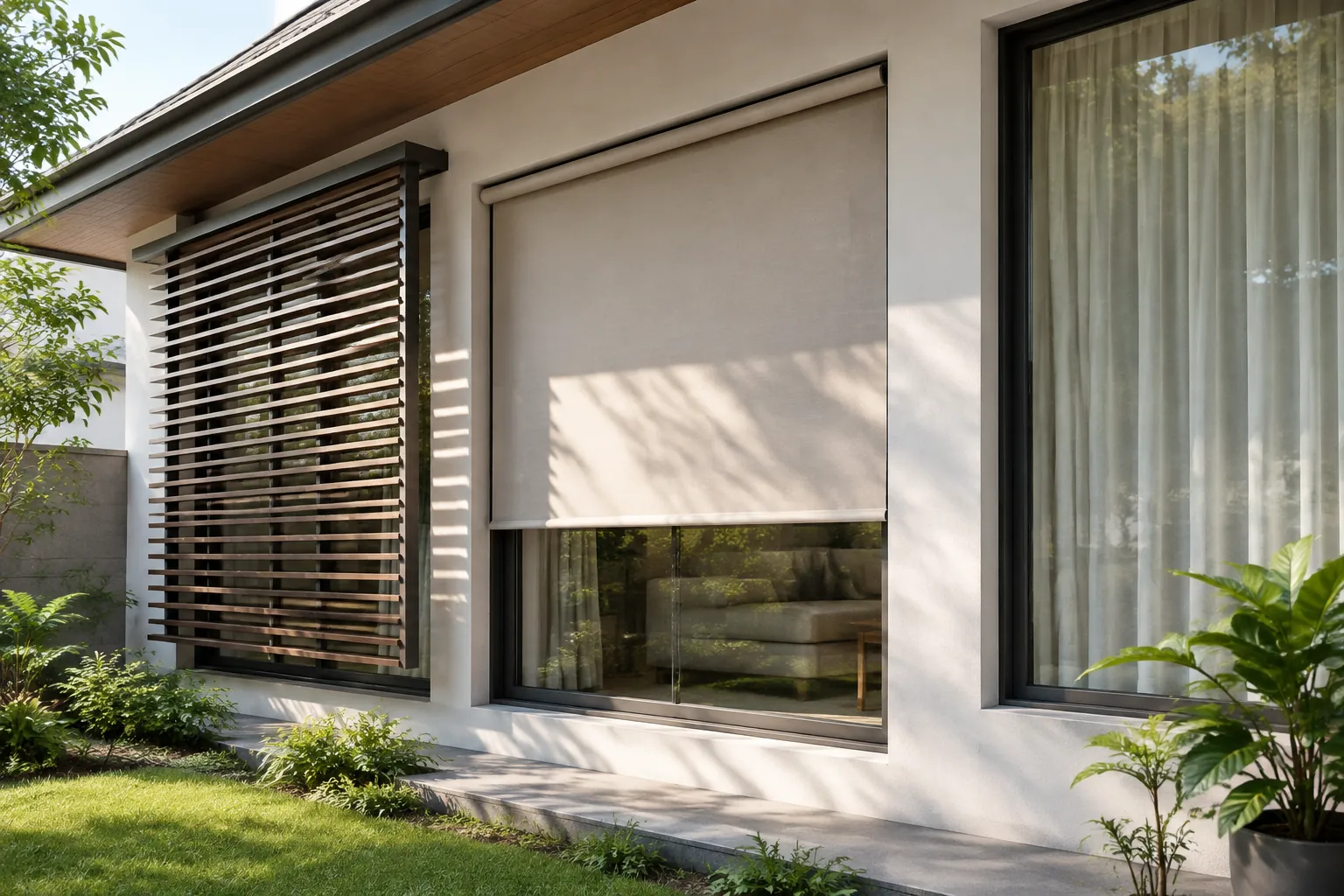 Bilah peneduh luar dan roller blind menutup bukaan pada fasad yang sama